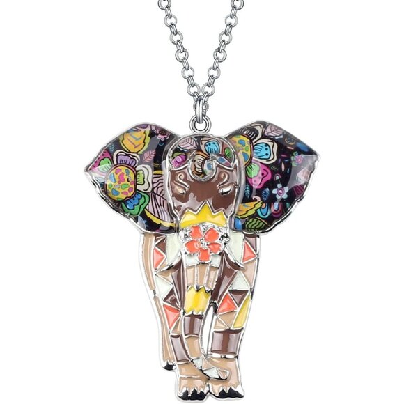 Women's Brown Jungle Safari Wild Enamel Pendant Lightweight Elephant Necklace - Picture 1 of 6